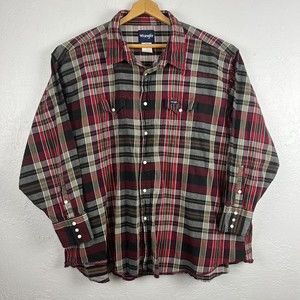 Wrangler Shirt Mens 4X Red Plaid Flannel Pearl Snap Ranch Western Cowboy 20x35
